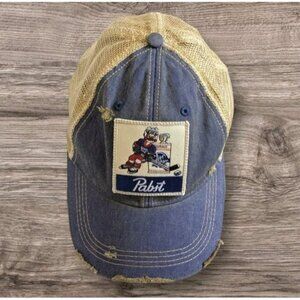 PBR Snapback Hat Distressed Denim Hockey Trucker Pabst Blue Ribbon Beer Retro